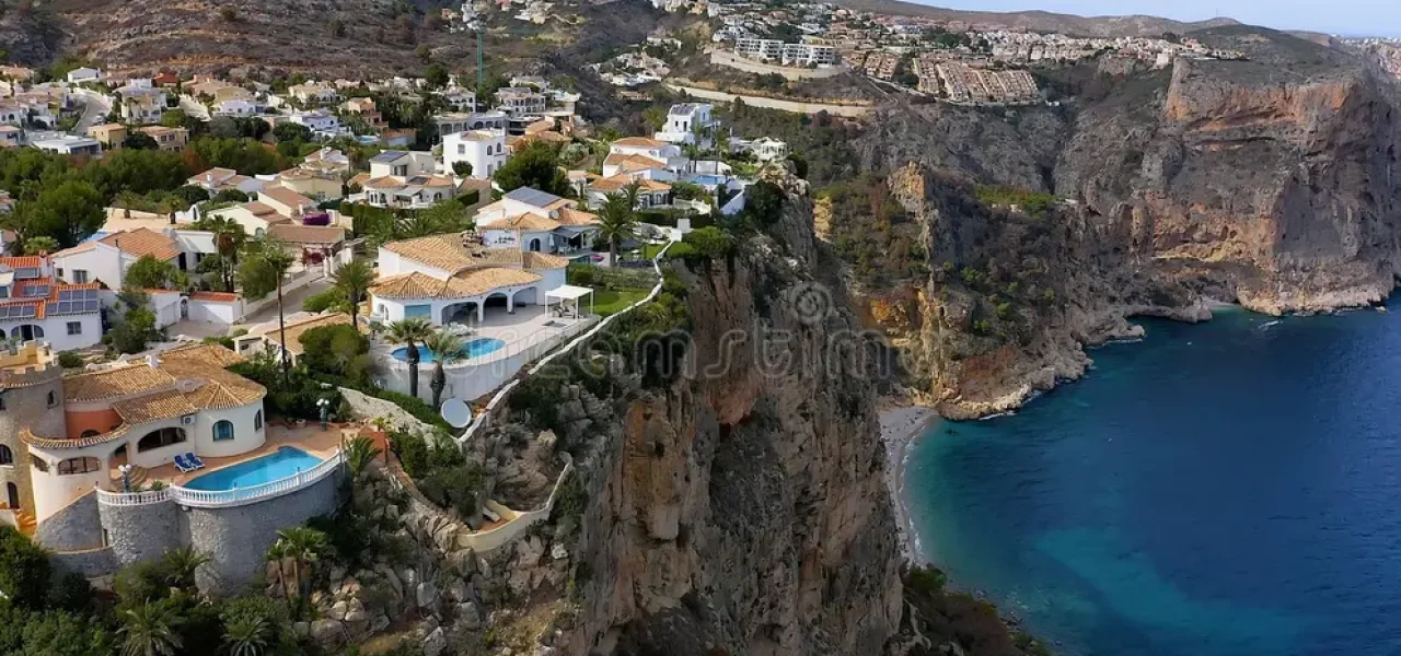 aerial view chalet developments cumbres del sol located next to beautiful cliffs town benitachell mediterranean province 437014633